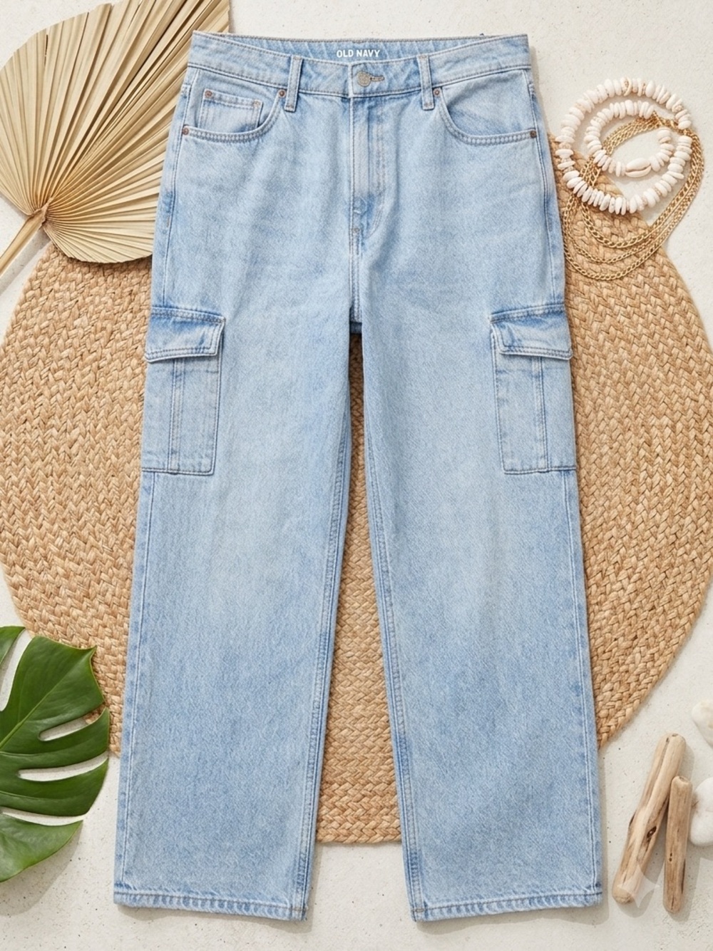 OLD NAVY Sky-Hi Wide Leg Cargo Denim Jeans | Extra High Waist Light Wash